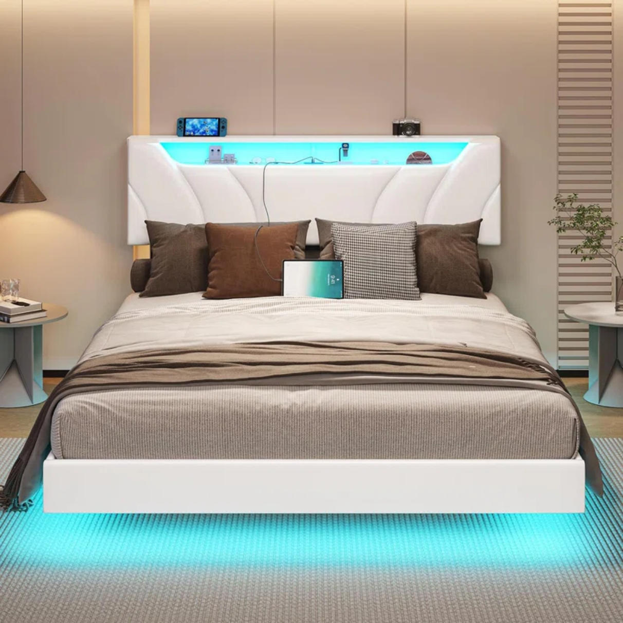 Queen Floating Bed Frame with RGB LED Lights, USB-C Ports, Storage Headboard & Hidden Storage - No Box Spring Needed, White