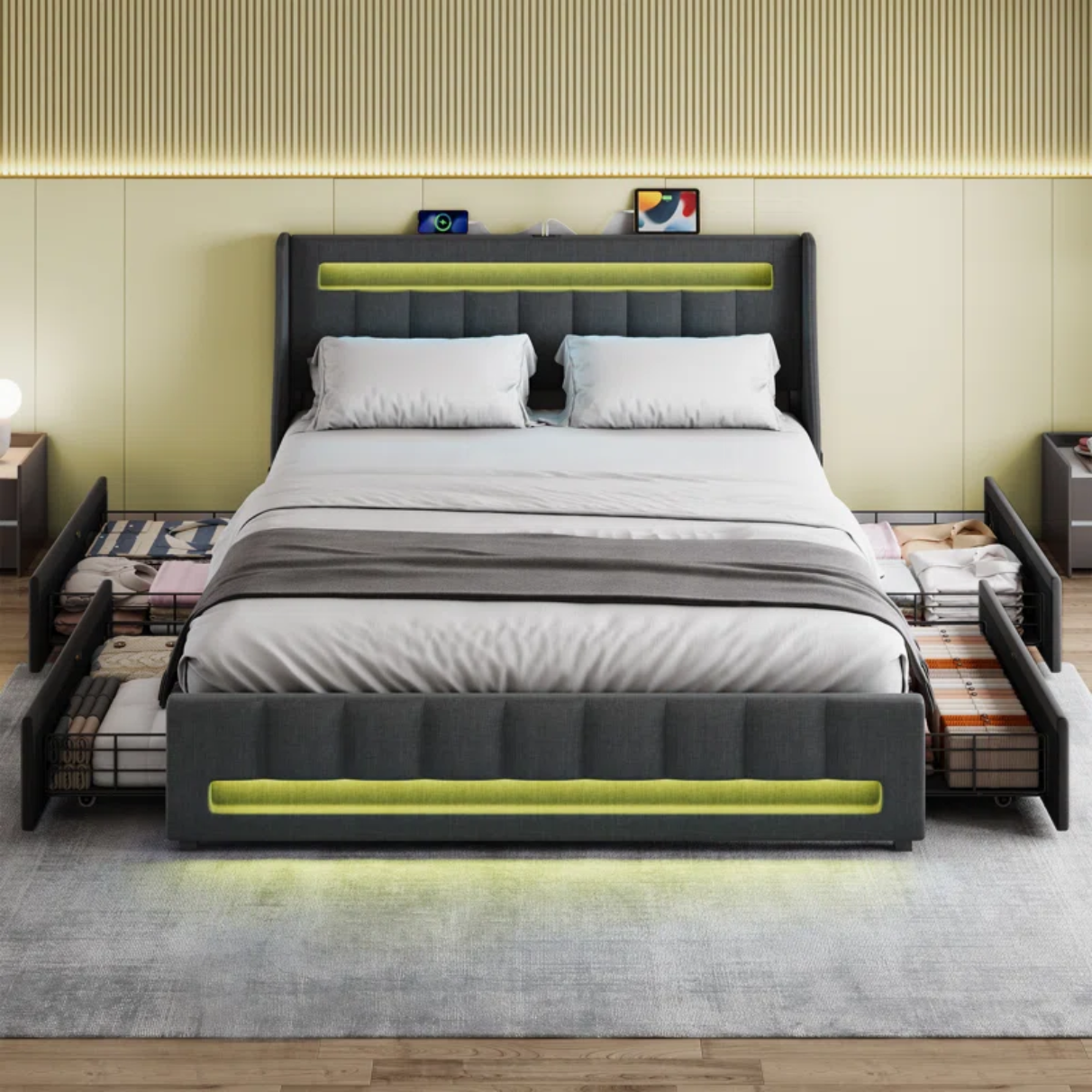 Upholstered Platform Bed Frame with LED Headboard, Footboard & Charging Station