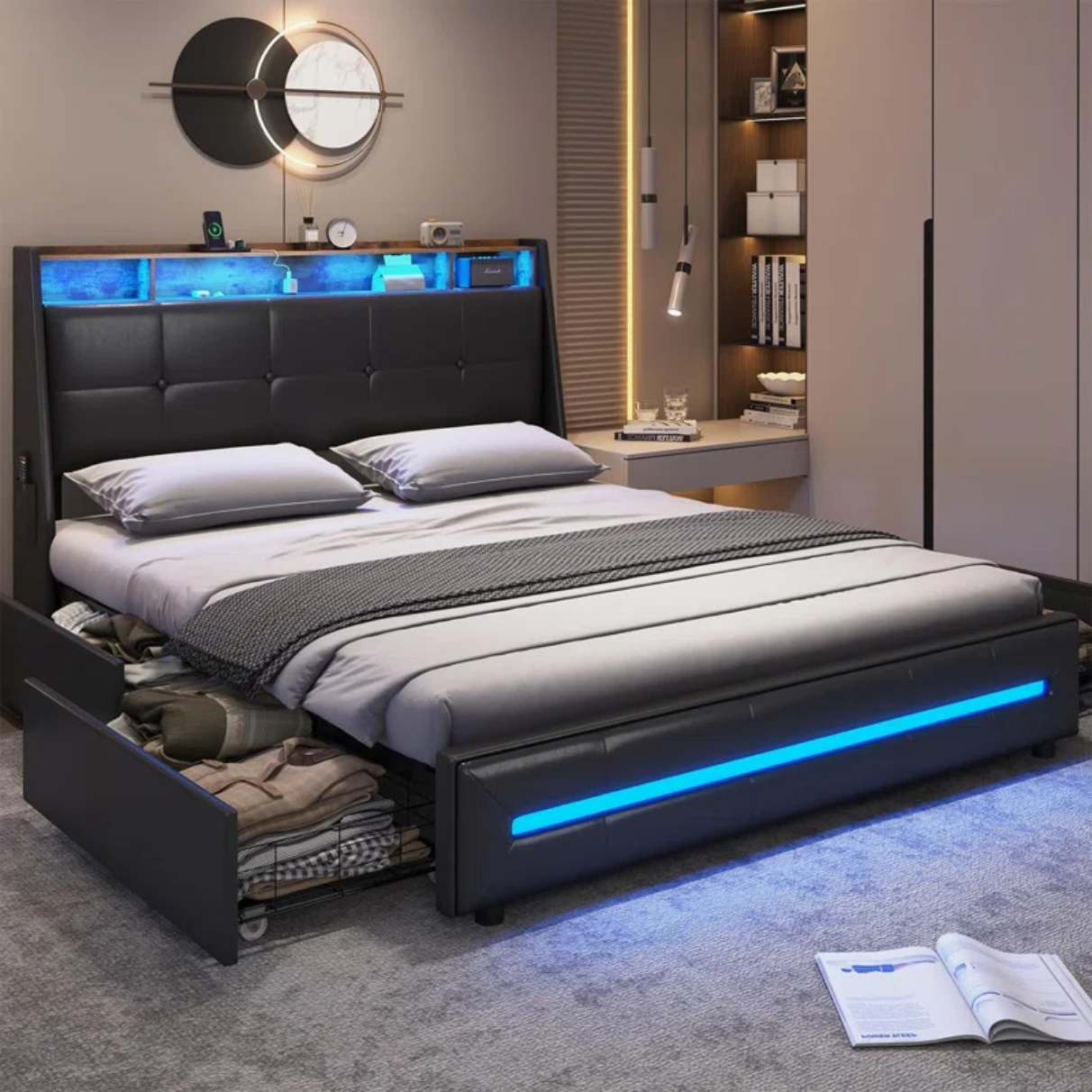 LED Upholstered Platform Bed with Storage Drawers & Headboard