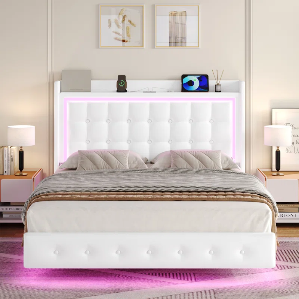 Upholstered Platform Bed with LED Lights, Charging Port, Floating Bed