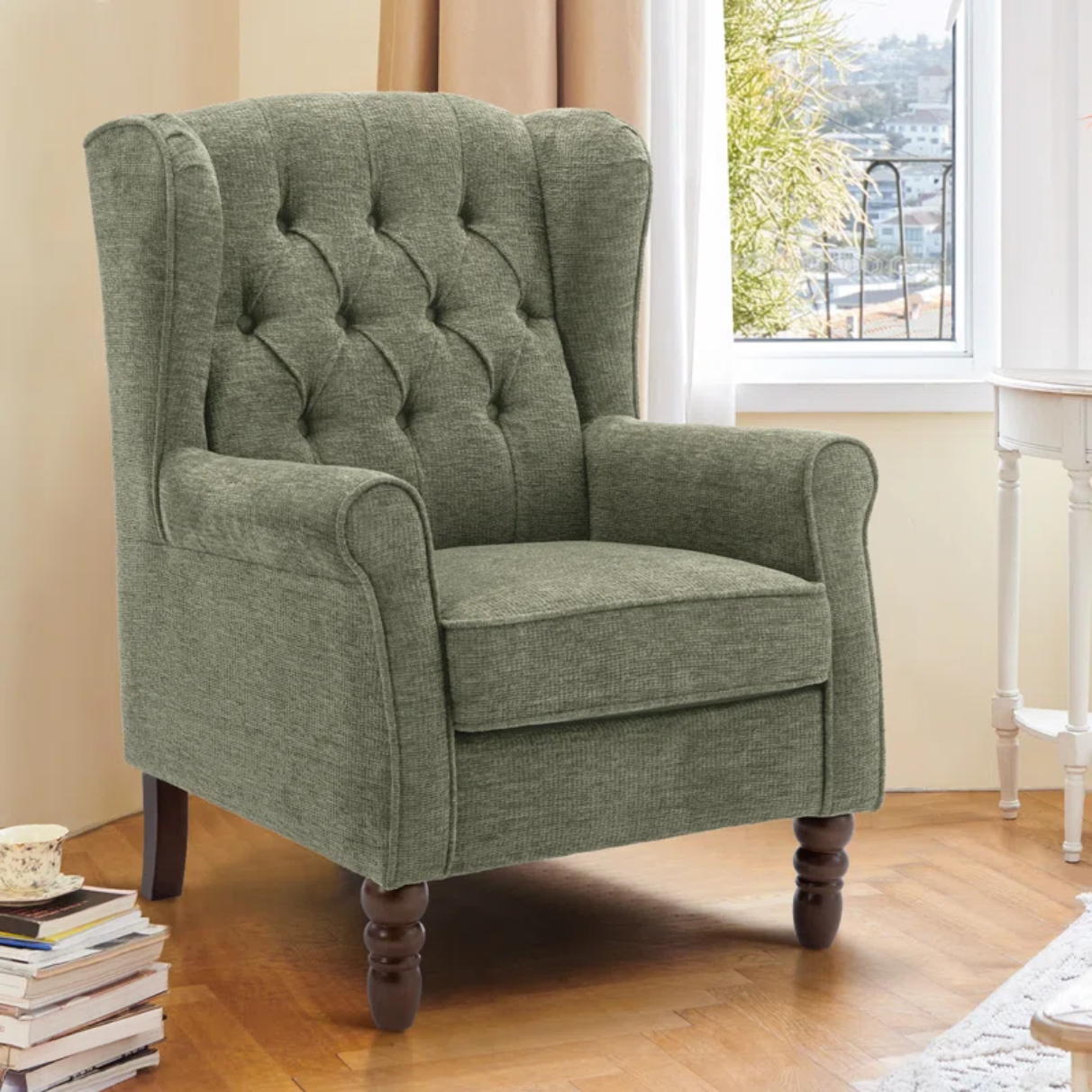 Button-Tufted Wingback Accent Chair with Rolled Arms & Plush Cushion