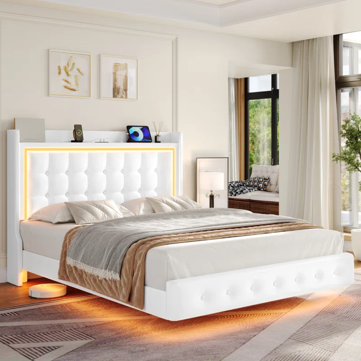 Upholstered Platform Bed with LED Lights, Charging Port, Floating Bed