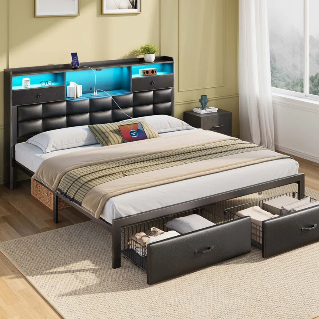 Upholstered Storage Bed with Drawers, LED Lights & Built-In Charging Station