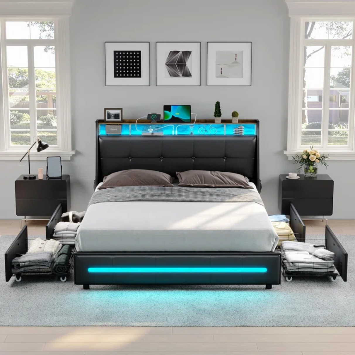 LED Upholstered Platform Bed with Storage Drawers & Headboard