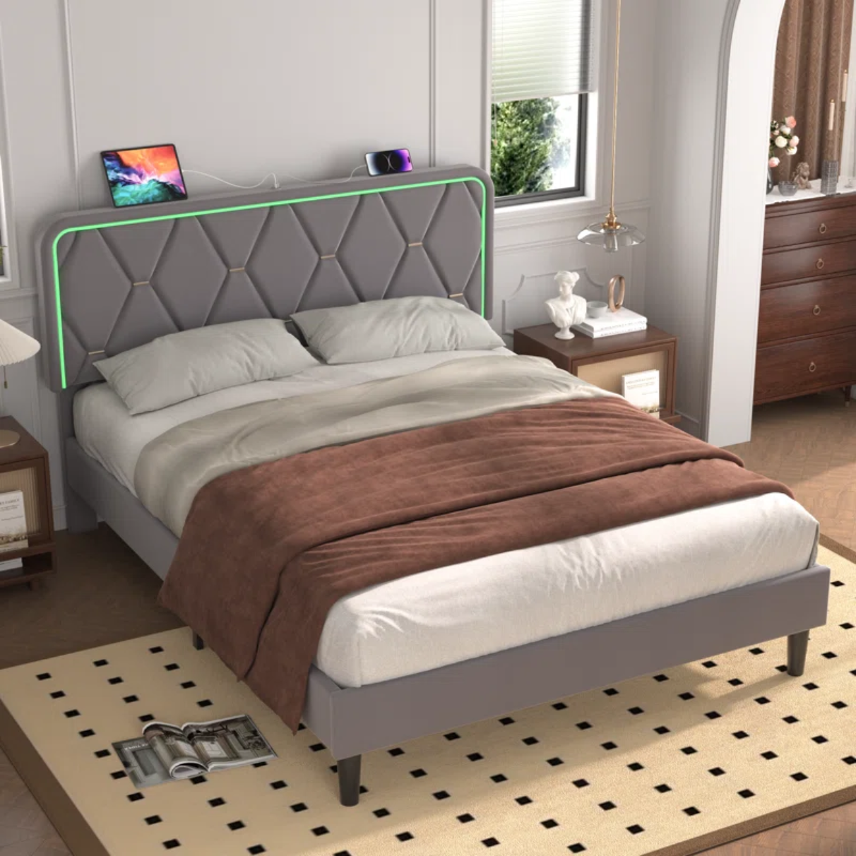 Calil Bed Frame with LED Lighting and Built-in Charging Station