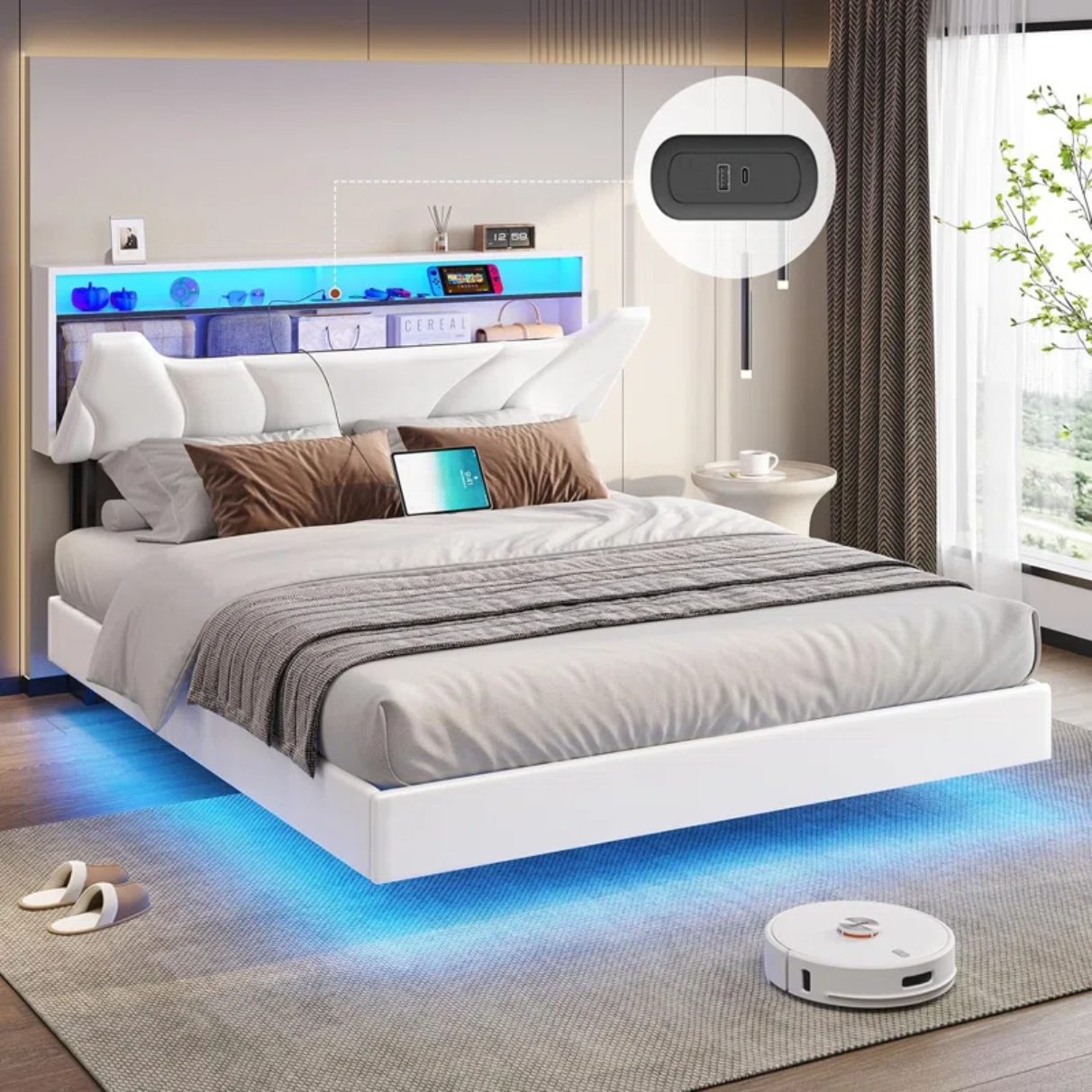 Queen Floating Bed Frame with RGB LED Lights, USB-C Ports, Storage Headboard & Hidden Storage - No Box Spring Needed, White