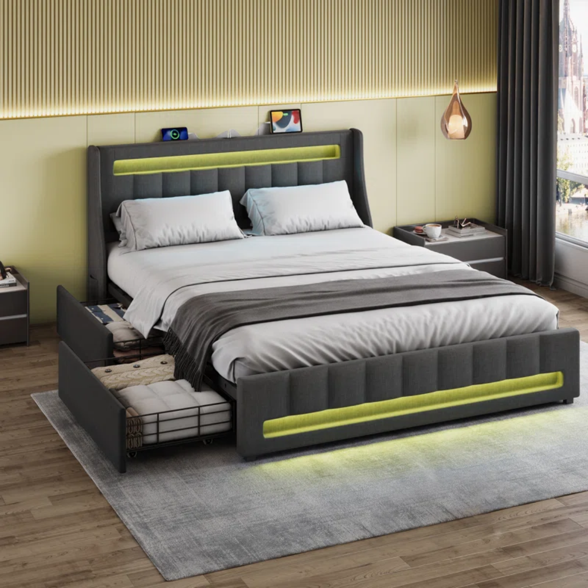 Upholstered Platform Bed Frame with LED Headboard, Footboard & Charging Station