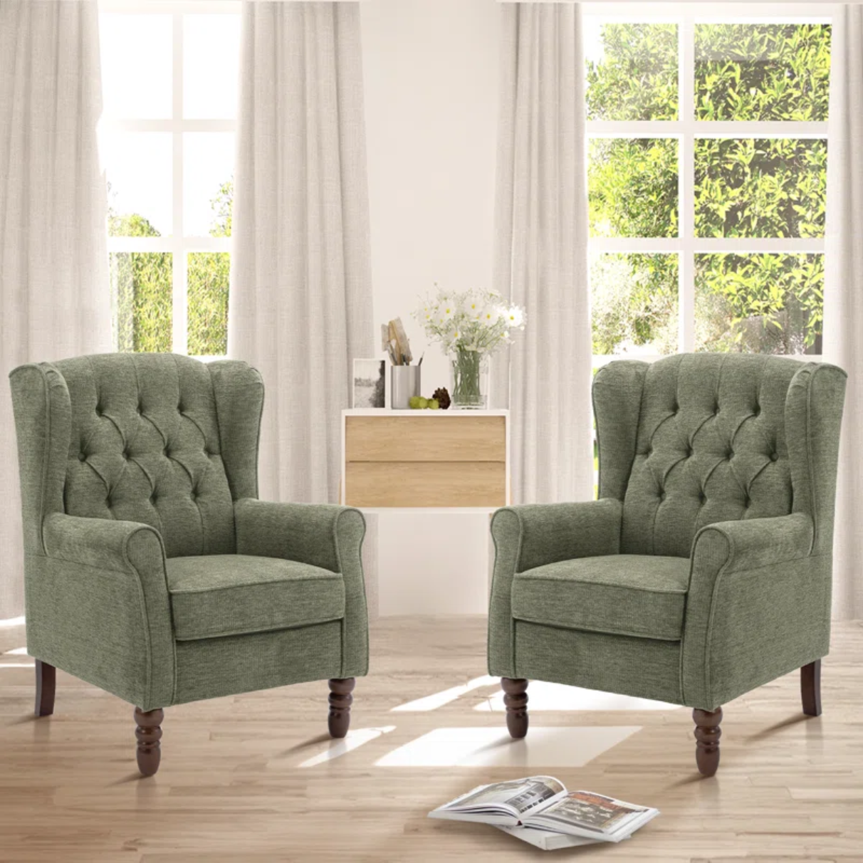 Button-Tufted Wingback Accent Chair with Rolled Arms & Plush Cushion