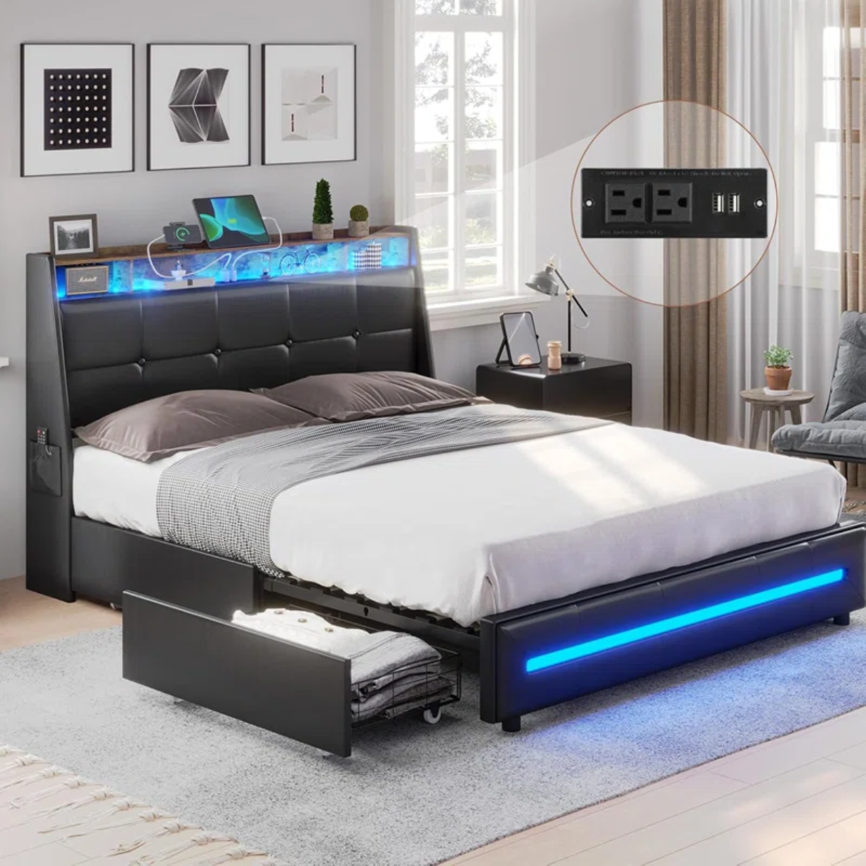 LED Upholstered Platform Bed with Storage Drawers & Headboard