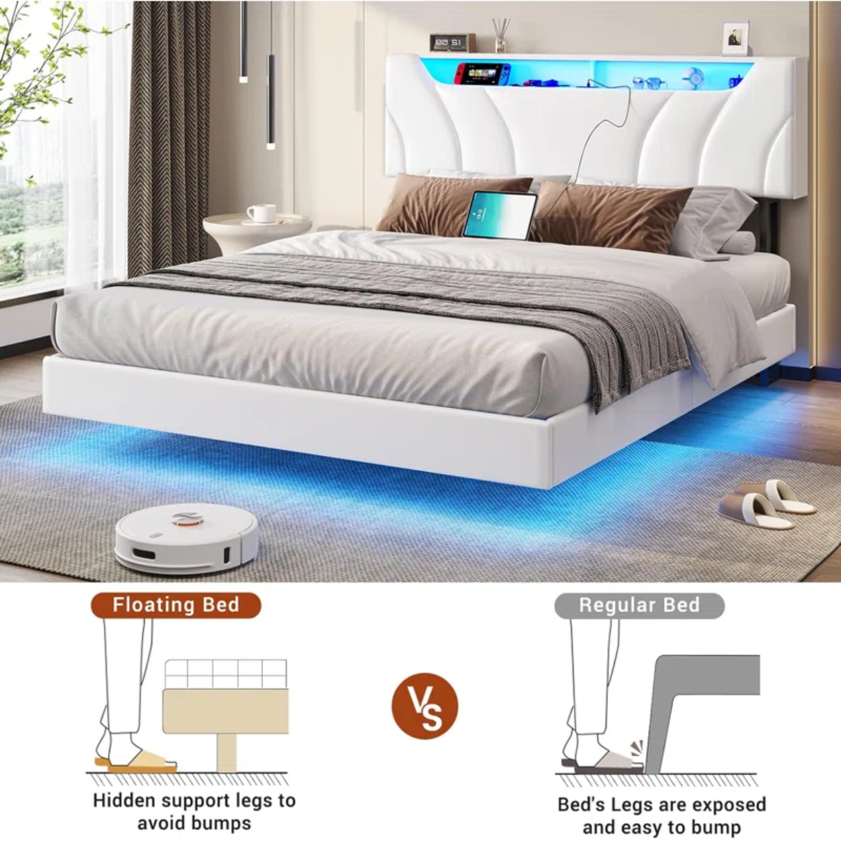 Queen Floating Bed Frame with RGB LED Lights, USB-C Ports, Storage Headboard & Hidden Storage - No Box Spring Needed, White