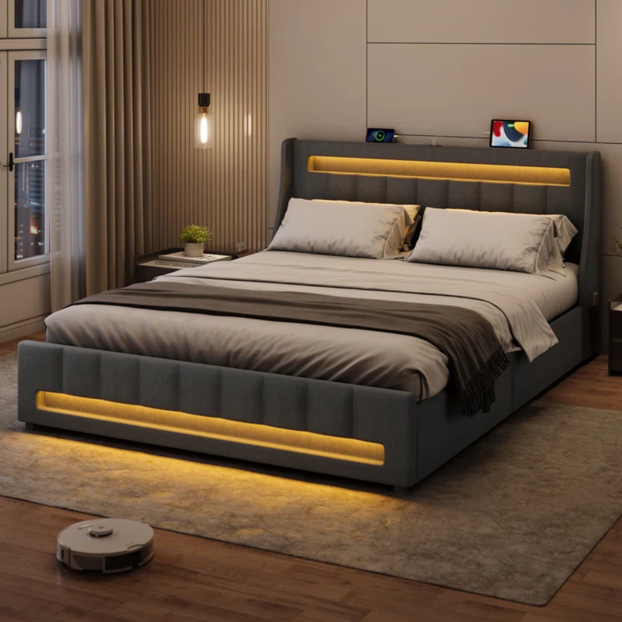 Upholstered Platform Bed Frame with LED Headboard, Footboard & Charging Station