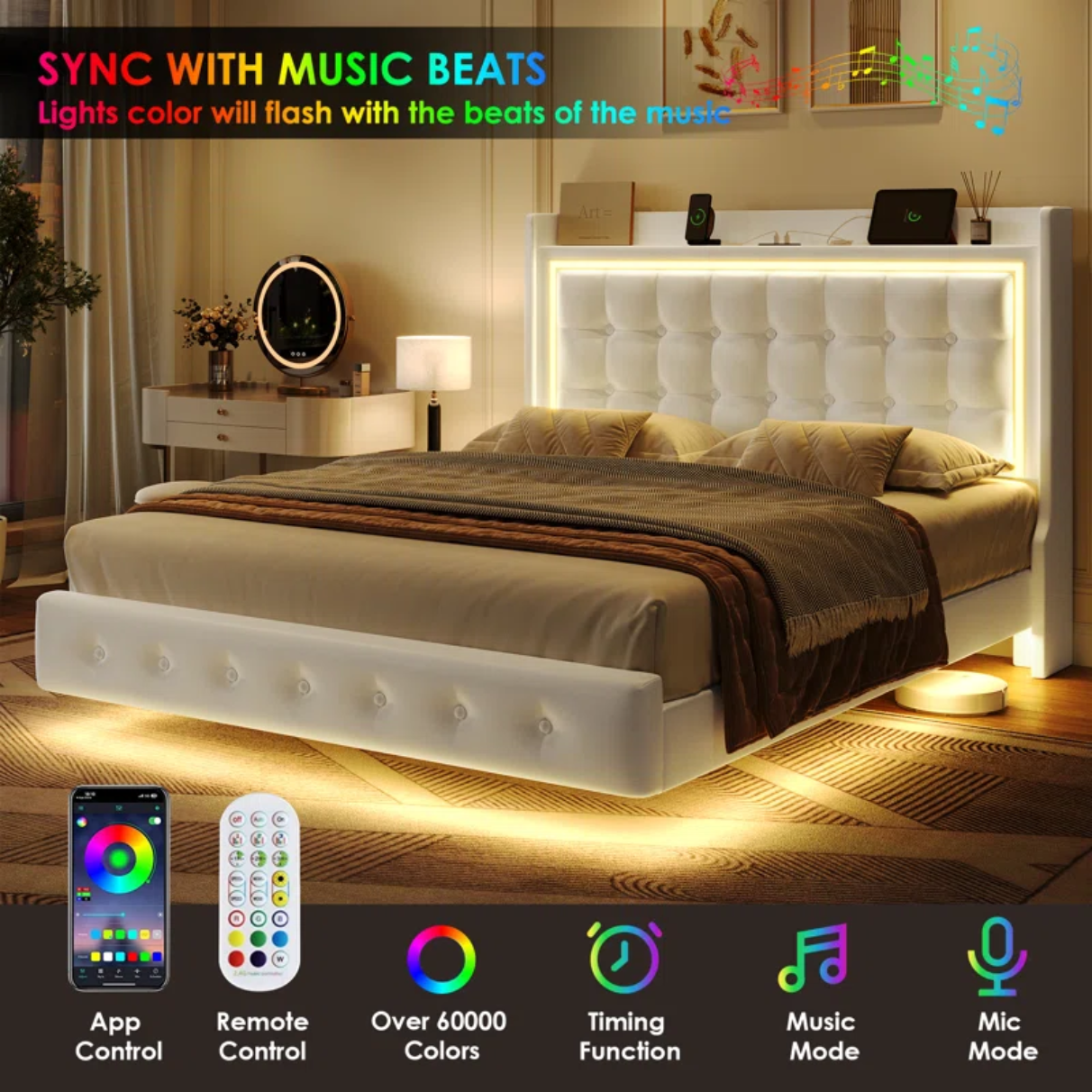 Upholstered Platform Bed with LED Lights, Charging Port, Floating Bed