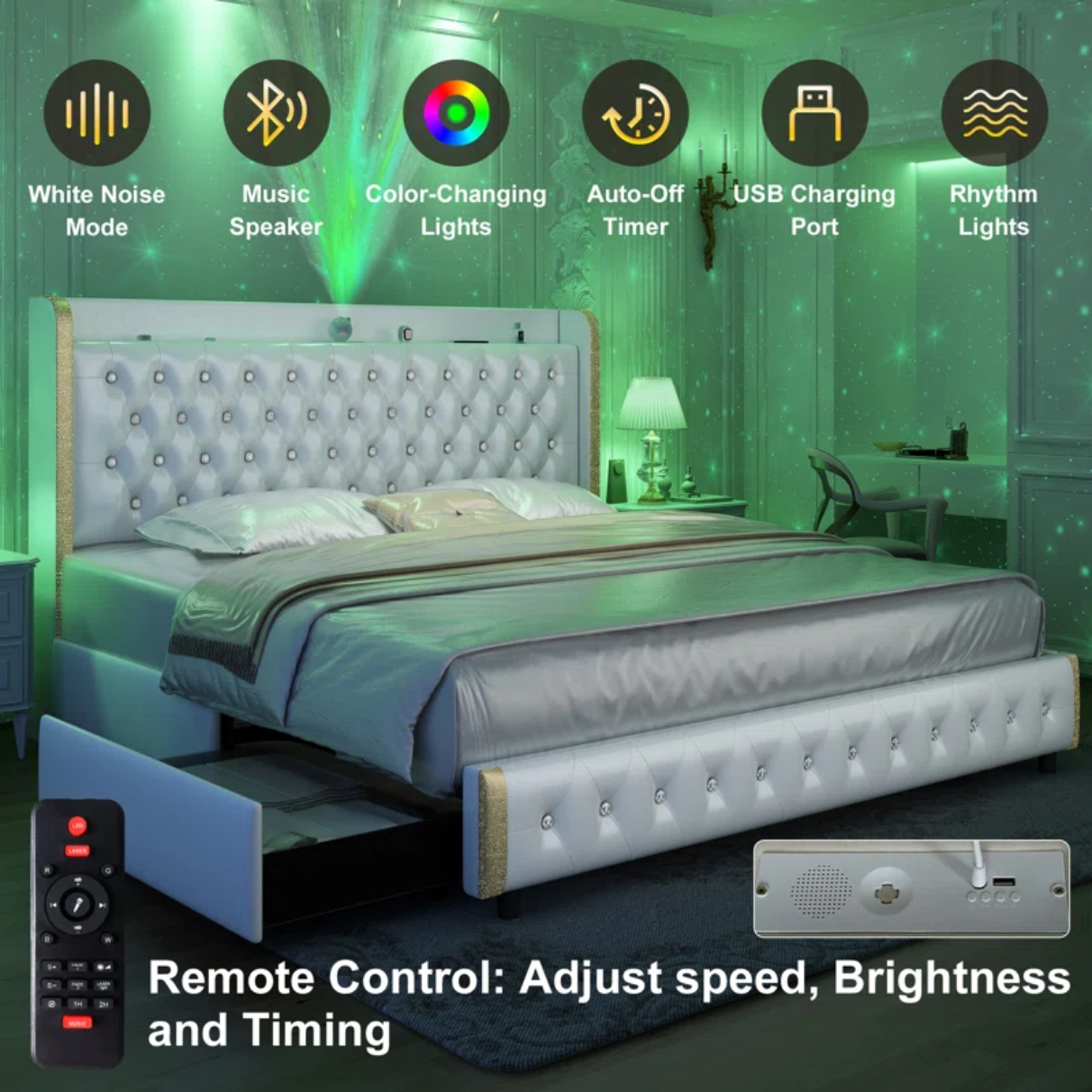 Kiarri Wingback Modern Platform Bed with Galaxy Projector