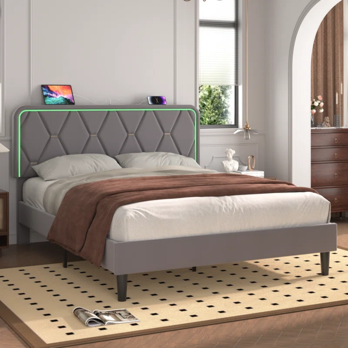 Calil Bed Frame with LED Lighting and Built-in Charging Station