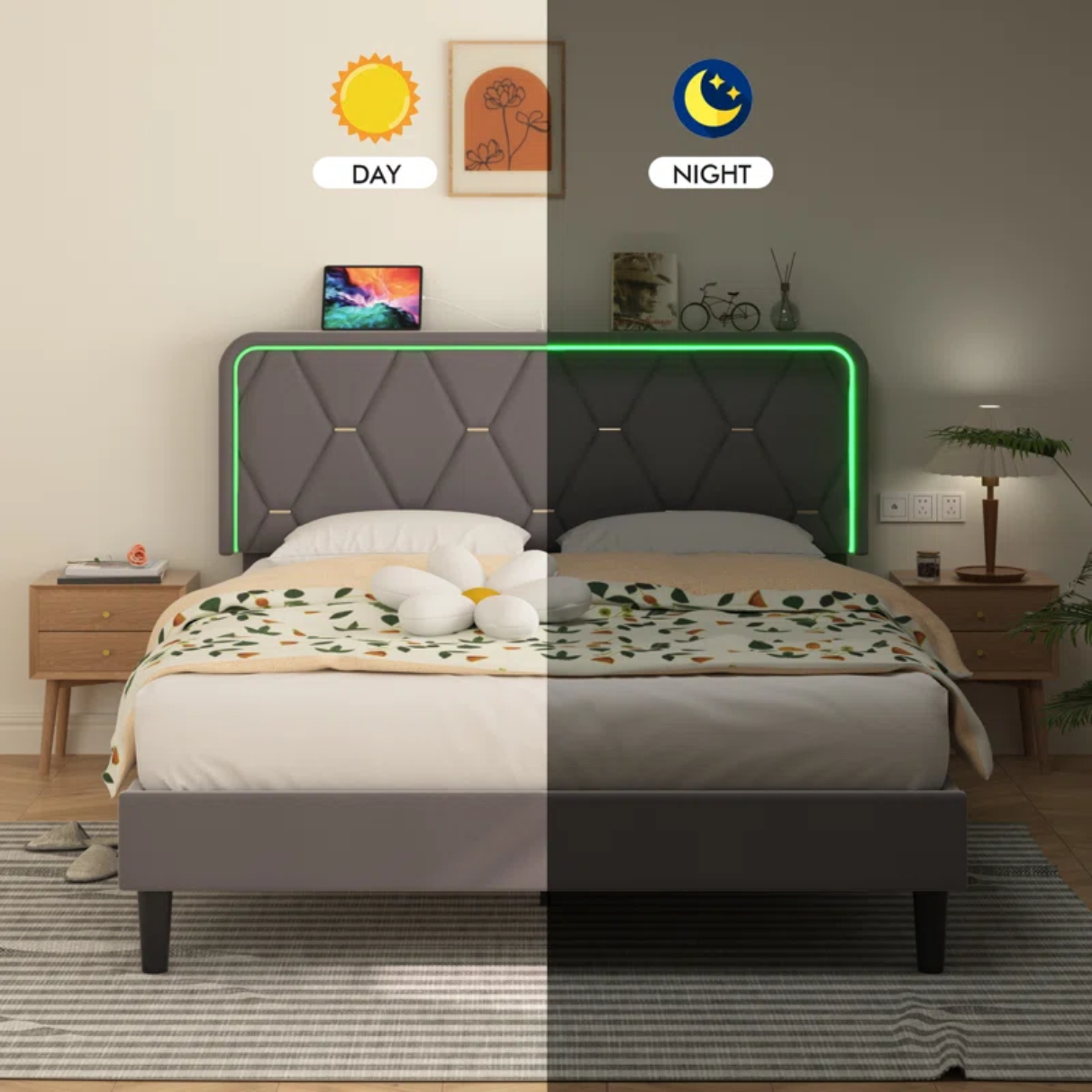 Calil Bed Frame with LED Lighting and Built-in Charging Station