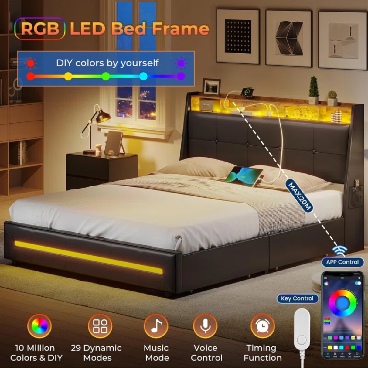 LED Upholstered Platform Bed with Storage Drawers & Headboard