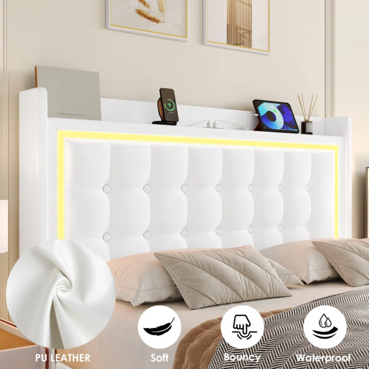 Upholstered Platform Bed with LED Lights, Charging Port, Floating Bed