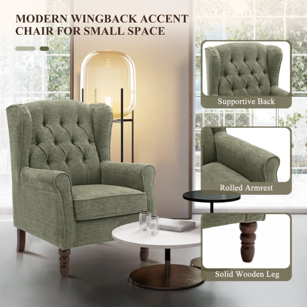 Button-Tufted Wingback Accent Chair with Rolled Arms & Plush Cushion