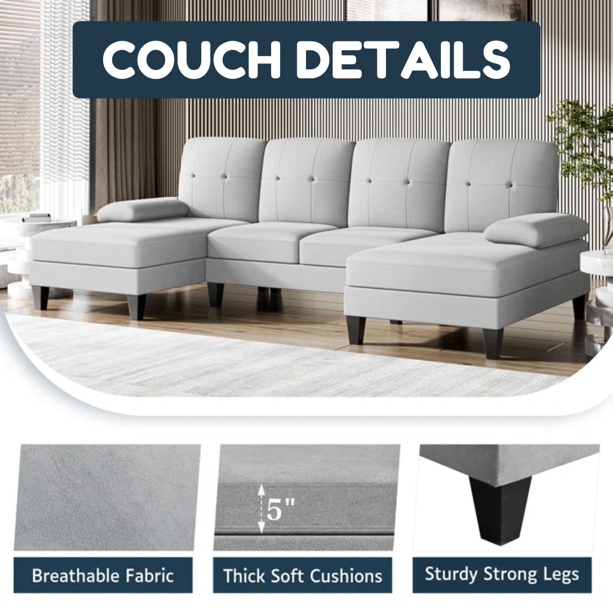 Kennaya 106” U-Shaped Sectional Sofa with Double Chaises