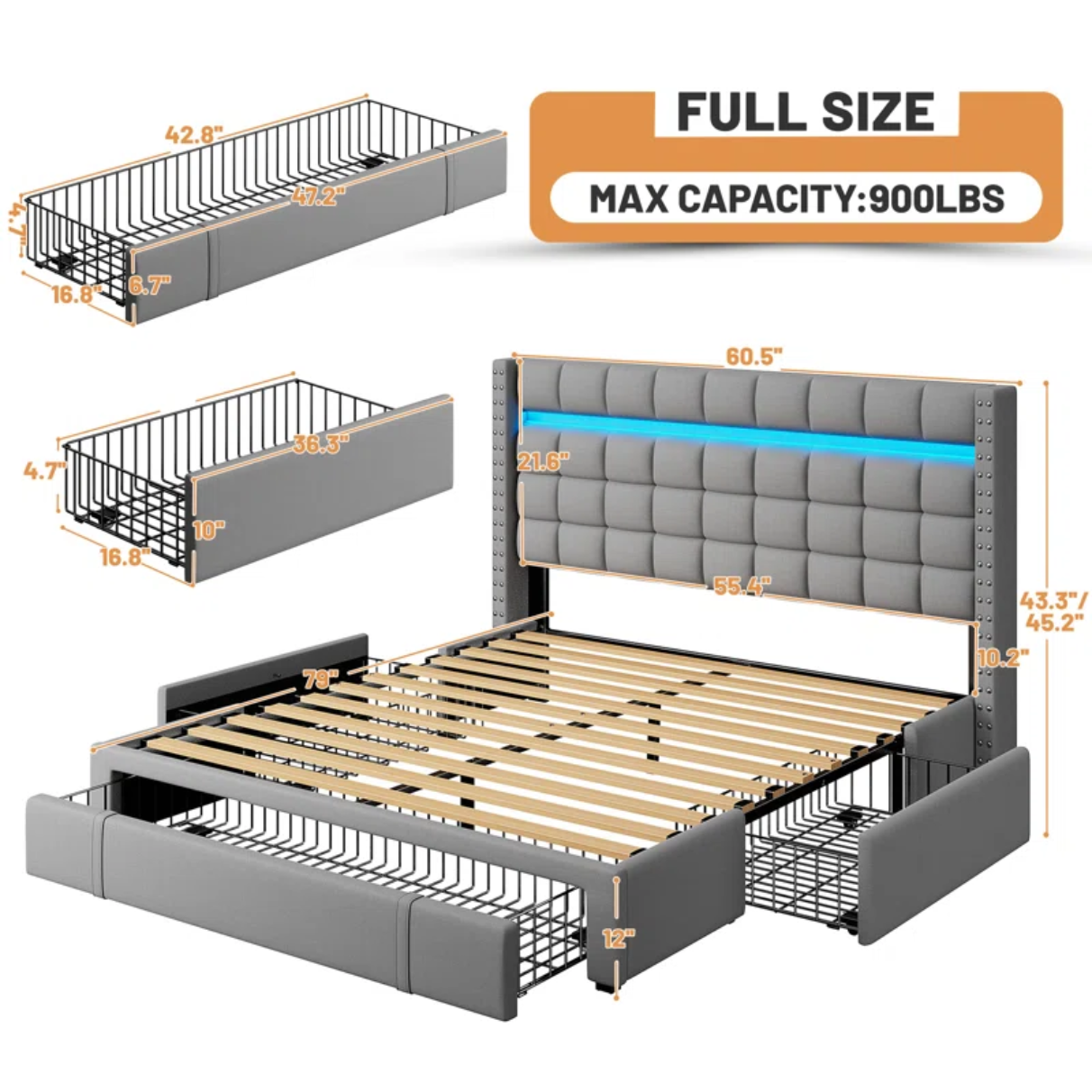 Upholstered Platform Bed with Adjustable Headboard, Storage Drawers & LED Lighting