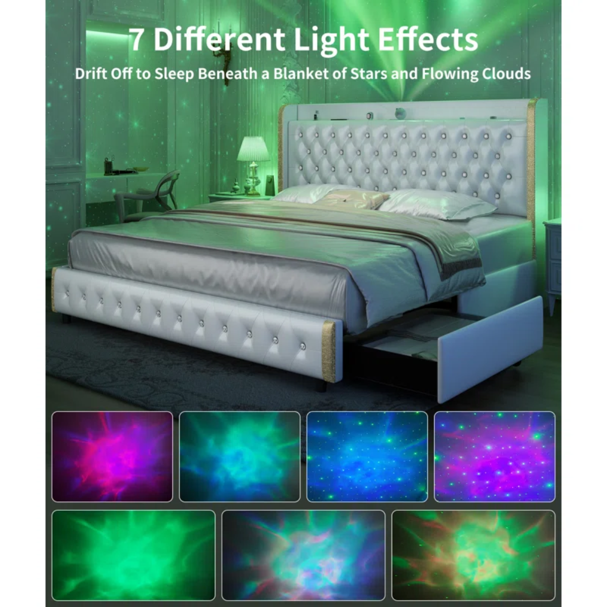 Kiarri Wingback Modern Platform Bed with Galaxy Projector