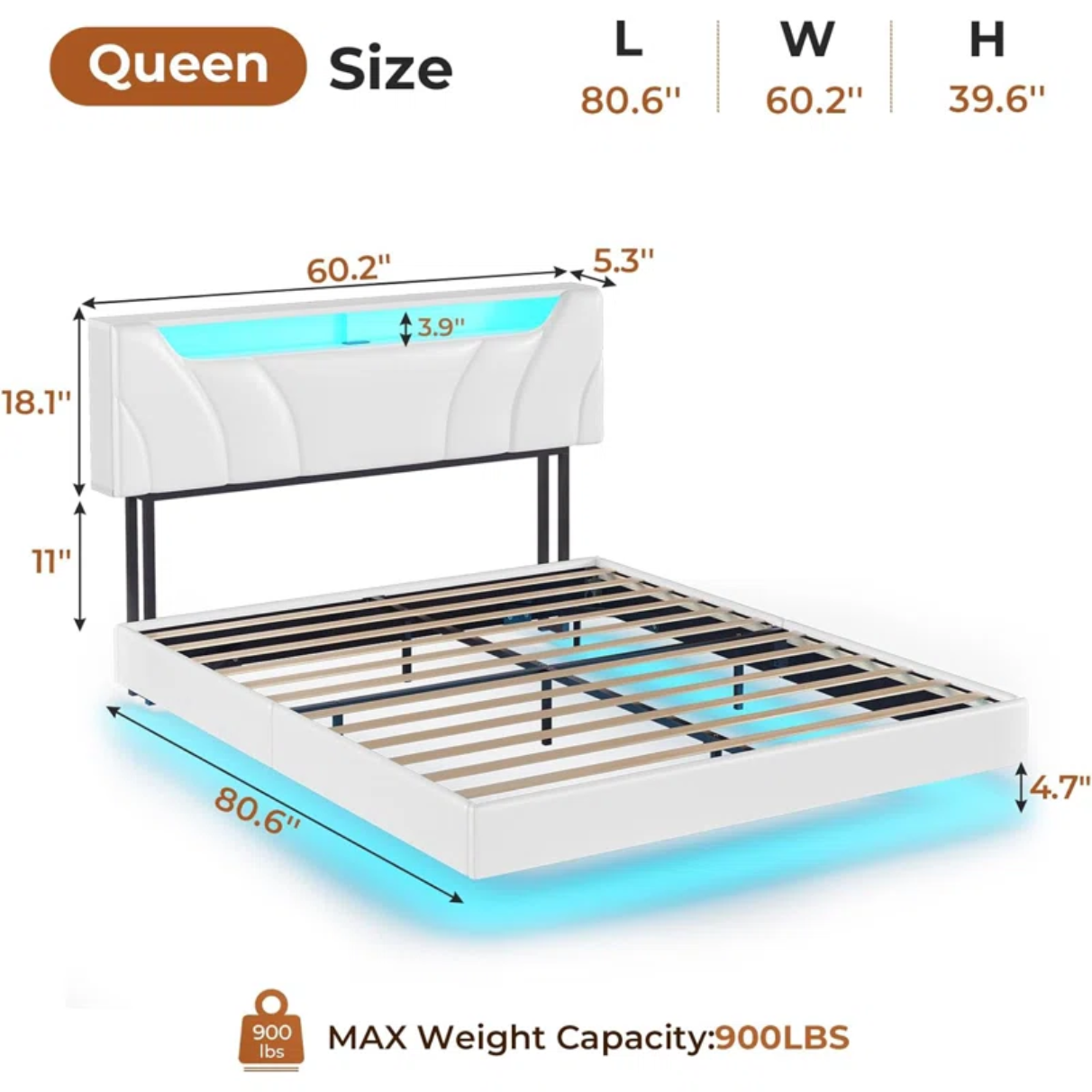 Queen Floating Bed Frame with RGB LED Lights, USB-C Ports, Storage Headboard & Hidden Storage - No Box Spring Needed, White