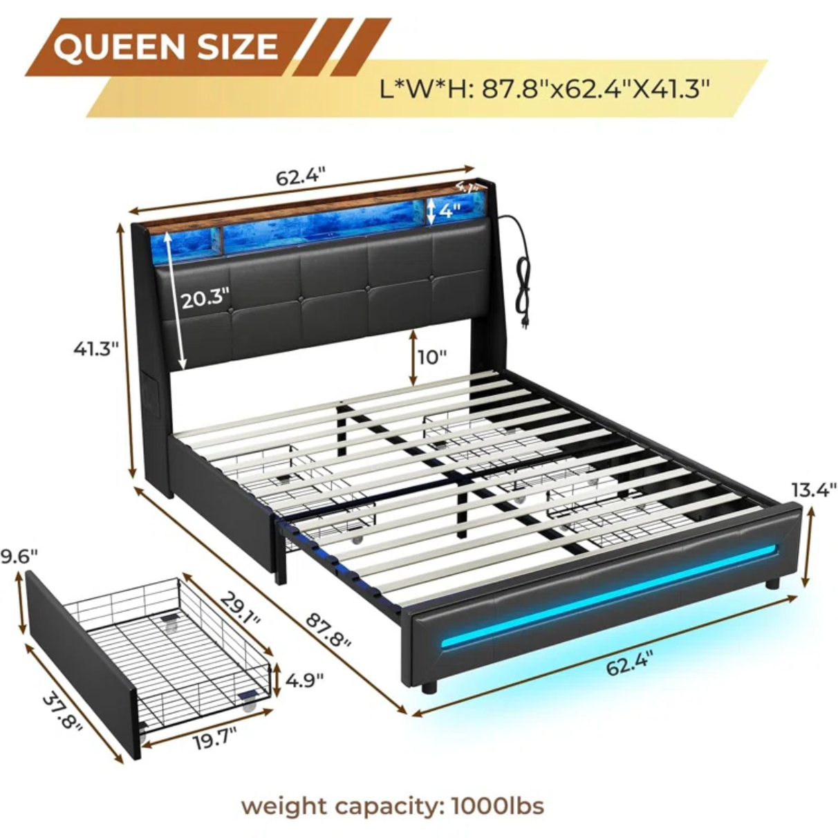 LED Upholstered Platform Bed with Storage Drawers & Headboard