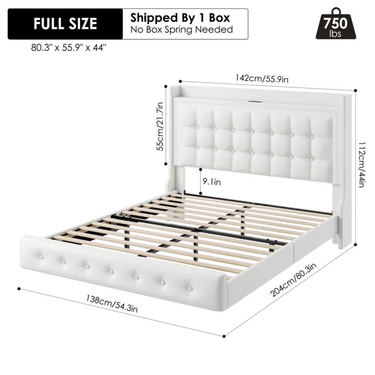 Upholstered Platform Bed with LED Lights, Charging Port, Floating Bed