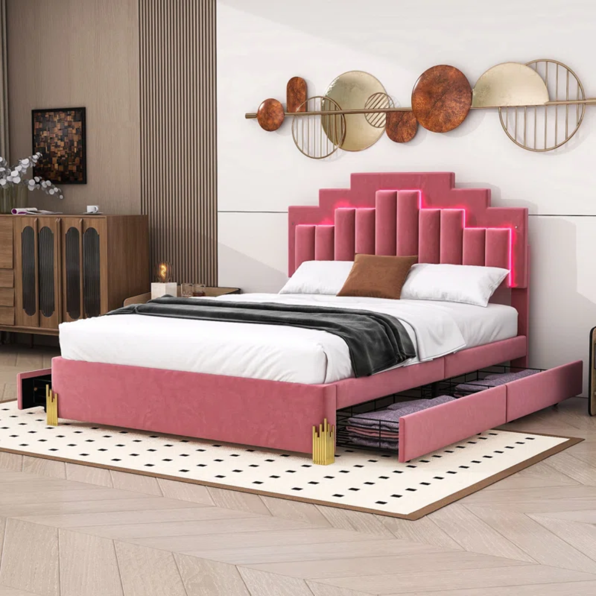 Enriko 4-Drawer Upholstered Platform Bed with LED Lights