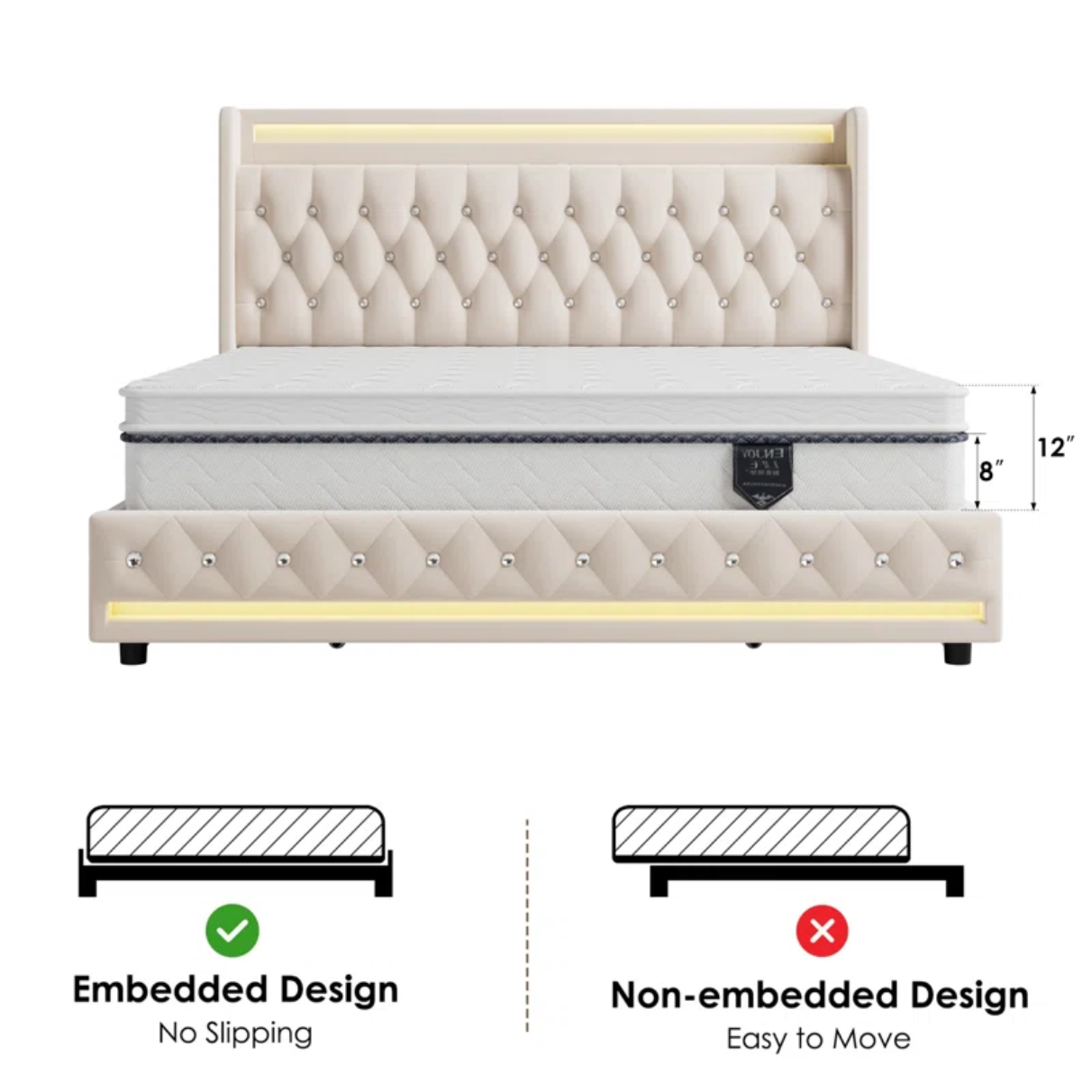 Glastonbury Upholstered Wingback Bed, 4 Drawers Storage Bed with LED Light