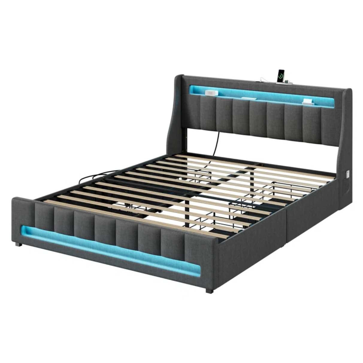 Upholstered Platform Bed Frame with LED Headboard, Footboard & Charging Station